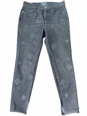 CHANEL Black Denim Distressed CC Imprinted Jeans Women’s Size 4 Made In Italy